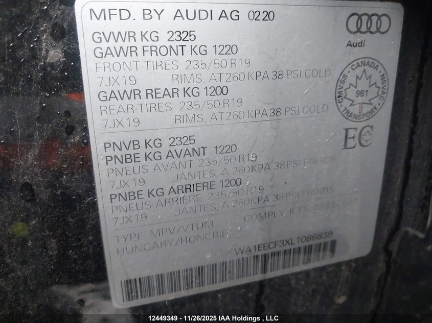 WA1EECF3XL1086839 2020 AUDI Q3 photo no. 9