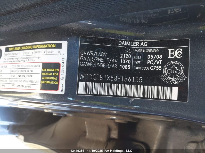 2008 Mercedes-Benz C 300 4Matic VIN: WDDGF81X58F186155 Lot: 12449356