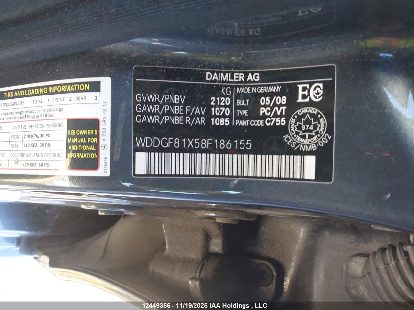 2008 Mercedes-Benz C 300 4Matic VIN: WDDGF81X58F186155 Lot: 12449356