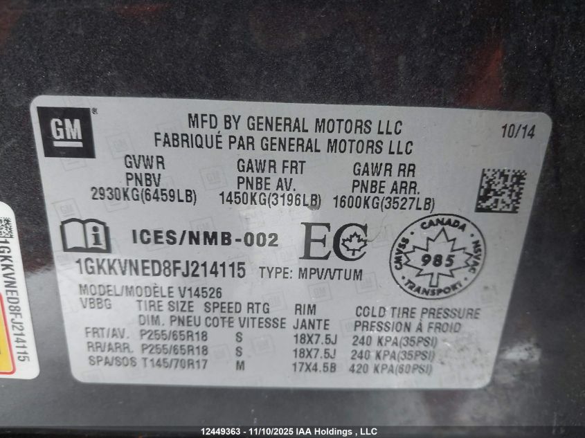 2015 GMC Acadia Sle VIN: 1GKKVNED8FJ214115 Lot: 12449363