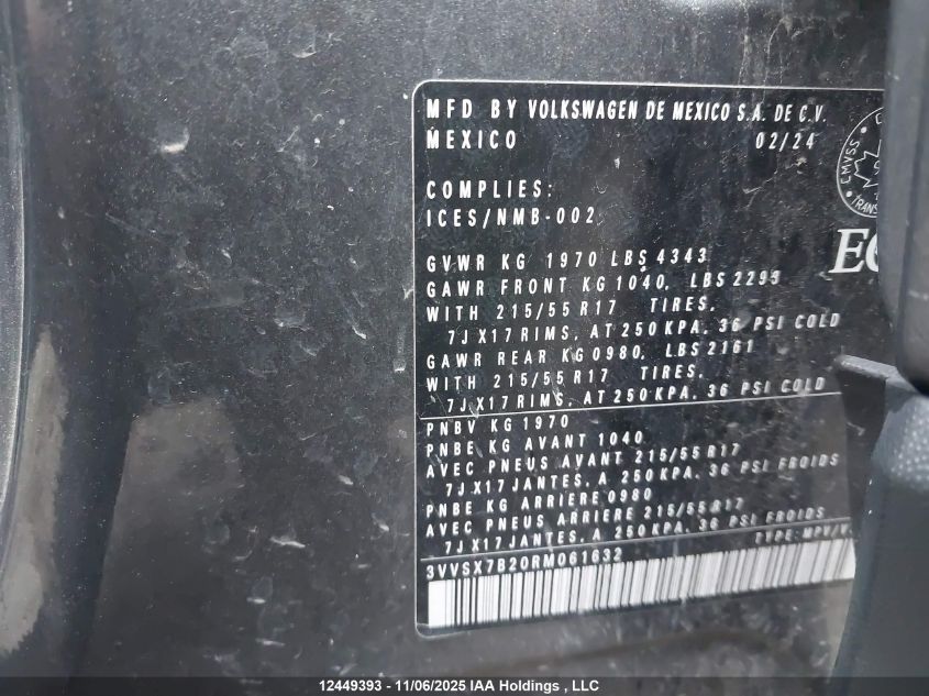 2024 Volkswagen Taos Comfortline VIN: 3VVSX7B20RM061632 Lot: 12449393