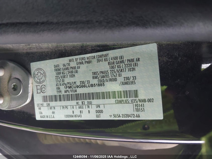 2020 Ford Escape Se VIN: 1FMCU9G66LUB51885 Lot: 12449394