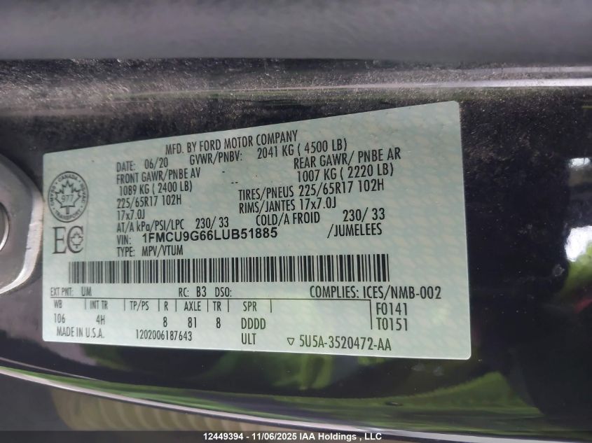 2020 Ford Escape Se VIN: 1FMCU9G66LUB51885 Lot: 12449394