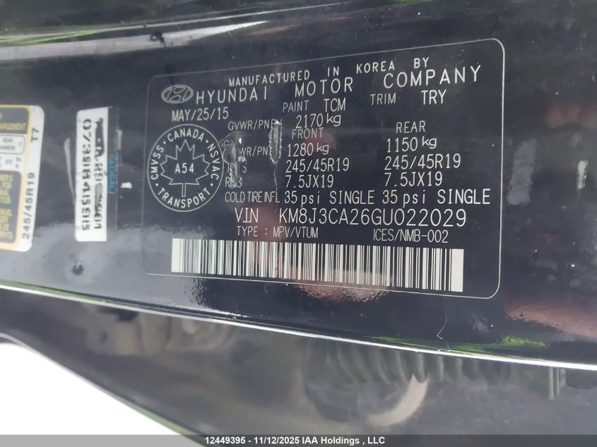 2016 Hyundai Tucson Limited/Sport And Eco/Se VIN: KM8J3CA26GU022029 Lot: 12449395