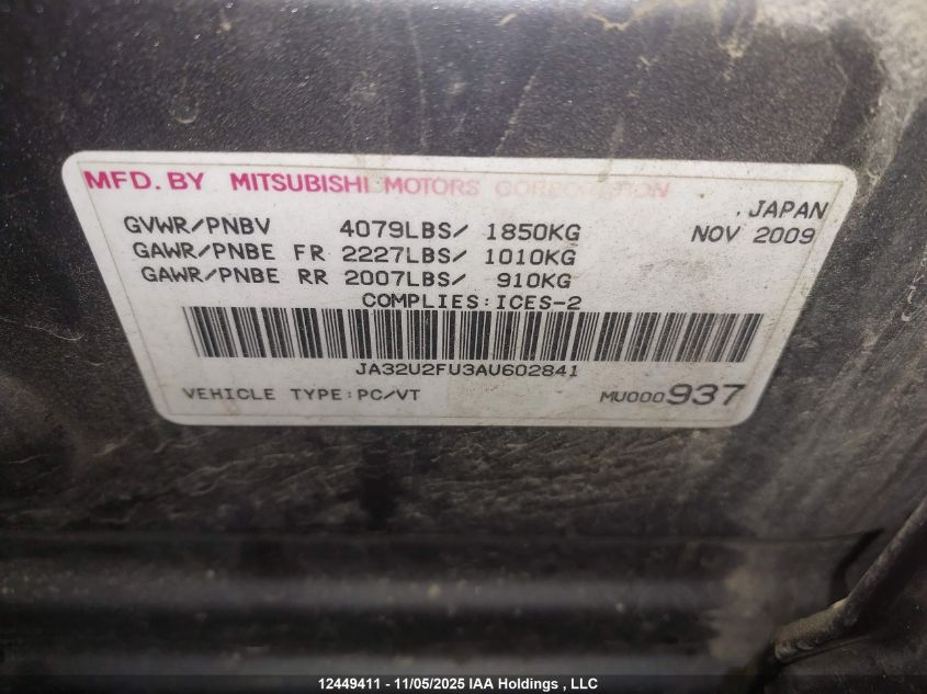 2010 Mitsubishi Lancer VIN: JA32U2FU3AU602841 Lot: 12449411