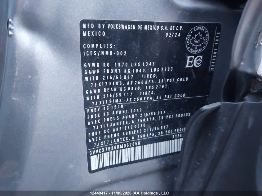 2024 Volkswagen Taos Trendline VIN: 3VVCX7B26RM062658 Lot: 12449417