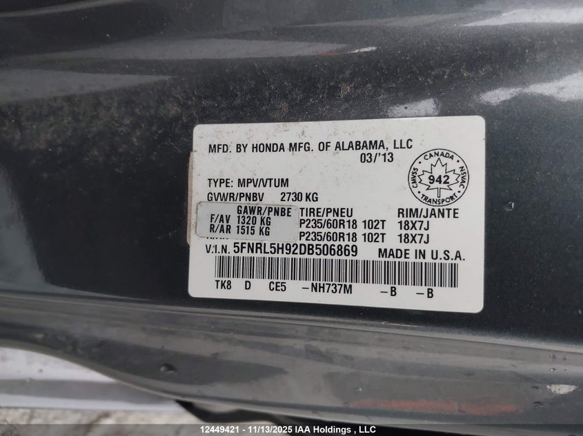 5FNRL5H92DB506869 2013 HONDA ODYSSEY photo no. 9