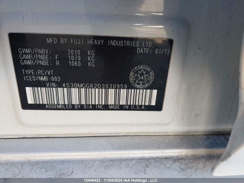 2013 Subaru Legacy 2.5I Touring Package VIN: 4S3BMGG62D3030959 Lot: 12449422