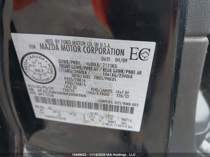 2009 Mazda Tribute Gs V6/Gt V6/Gx V6 VIN: 4F2CZ96G59KM08586 Lot: 12449423