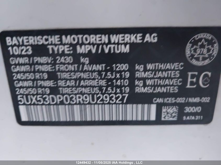 2024 BMW X3 xDrive30I VIN: 5UX53DP03R9U29327 Lot: 12449432