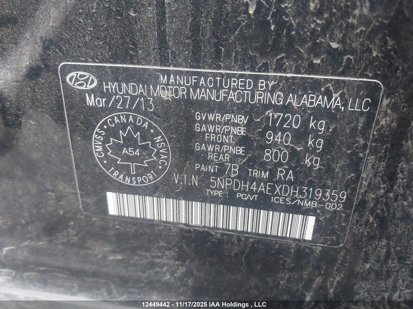 5NPDH4AEXDH319359 2013 HYUNDAI ELANTRA photo no. 9