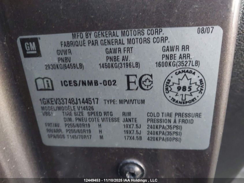 2008 GMC Acadia Slt VIN: 1GKEV33748J144517 Lot: 12449453
