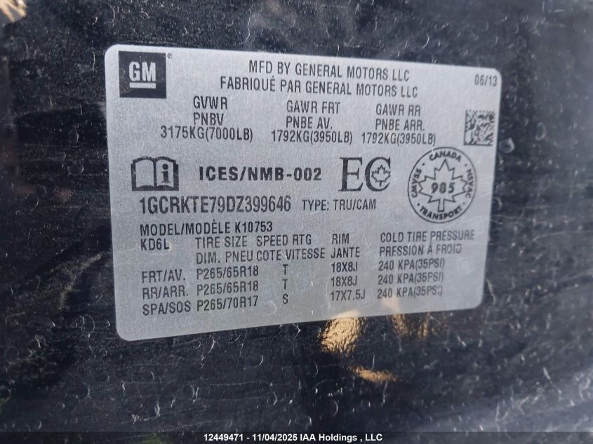 2013 Chevrolet Silverado 1500 Ltz VIN: 1GCRKTE79DZ399646 Lot: 12449471