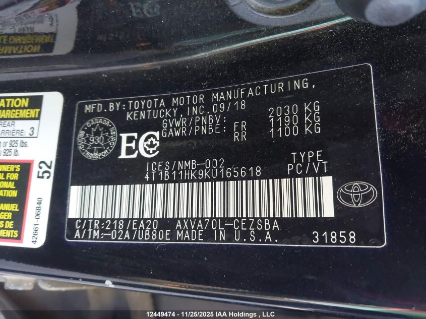 2019 Toyota Camry L/Le/Xle/Se/Xse VIN: 4T1B11HK9KU165618 Lot: 12449474