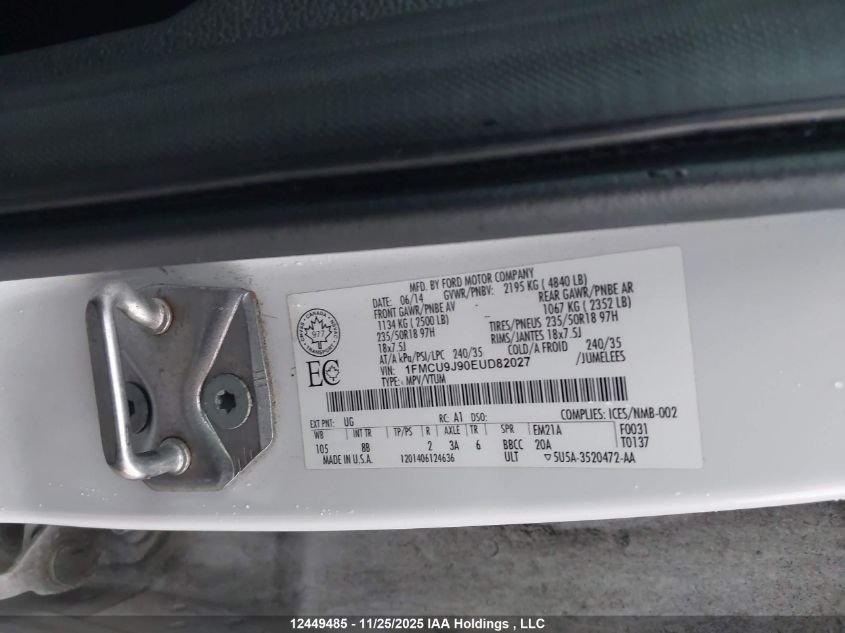 2014 Ford Escape Titanium VIN: 1FMCU9J90EUD82027 Lot: 12449485