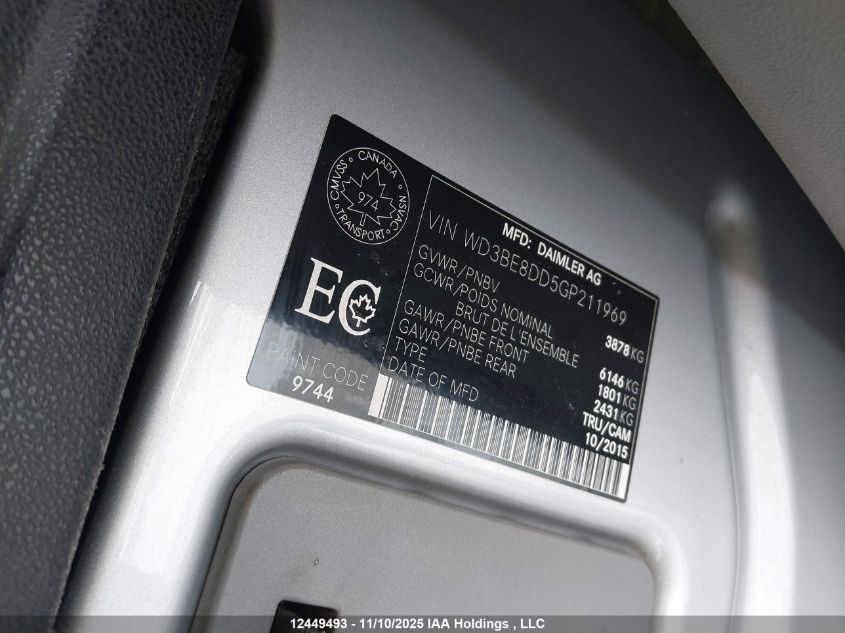 2016 Mercedes-Benz Sprinter 2500 High Roof VIN: WD3BE8DD5GP211969 Lot: 12449493