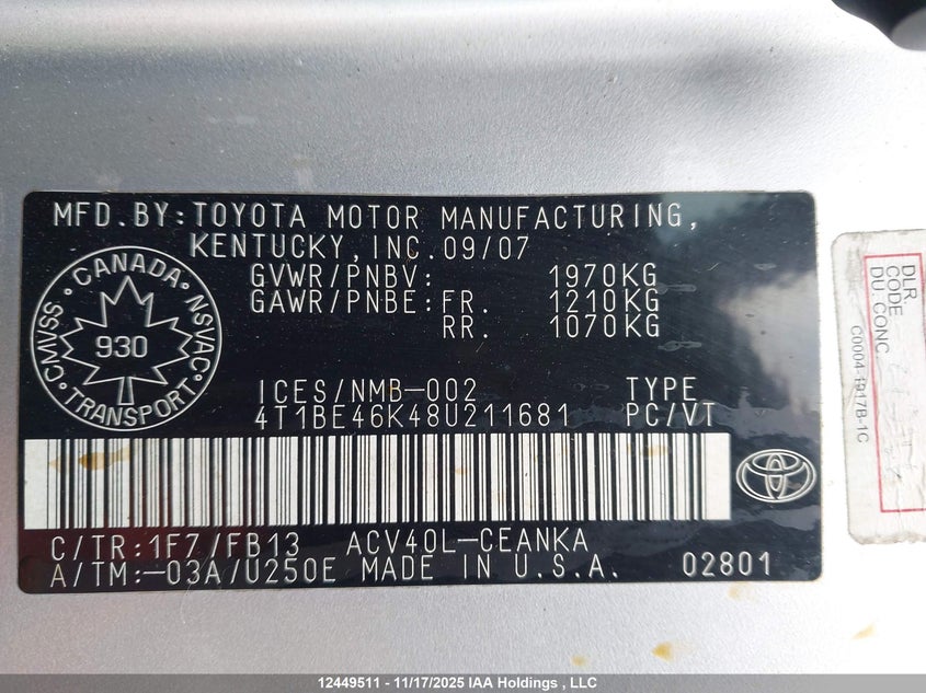 4T1BE46K48U211681 2008 TOYOTA CAMRY photo no. 9
