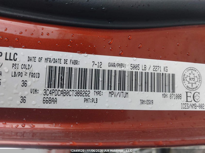 3C4PDCAB0CT388262 2012 DODGE JOURNEY photo no. 9