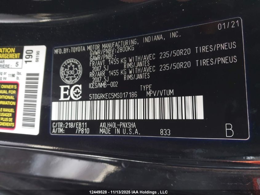 2021 Toyota Sienna Xse 7-Passenger VIN: 5TDGRKEC5MS017186 Lot: 12449528