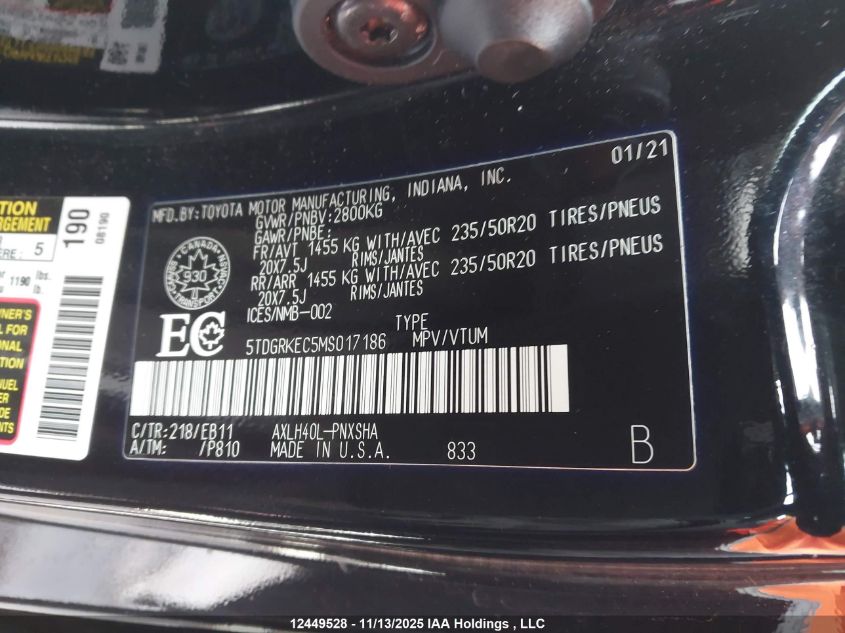 2021 Toyota Sienna Xse 7-Passenger VIN: 5TDGRKEC5MS017186 Lot: 12449528