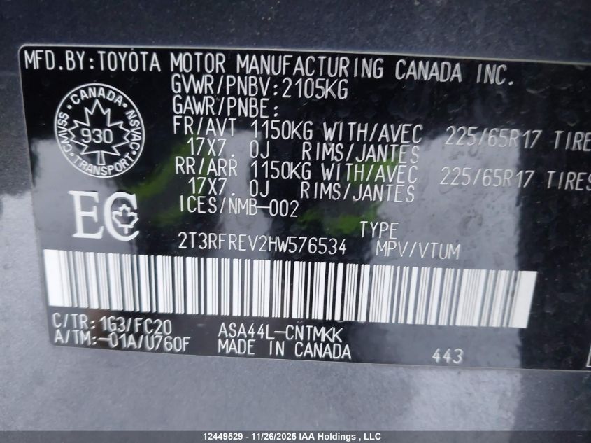 2017 Toyota Rav4 Xle VIN: 2T3RFREV2HW576534 Lot: 12449529