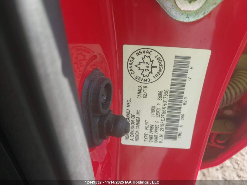 2019 Honda Civic Sport VIN: 2HGFC2F86KH017556 Lot: 12449532