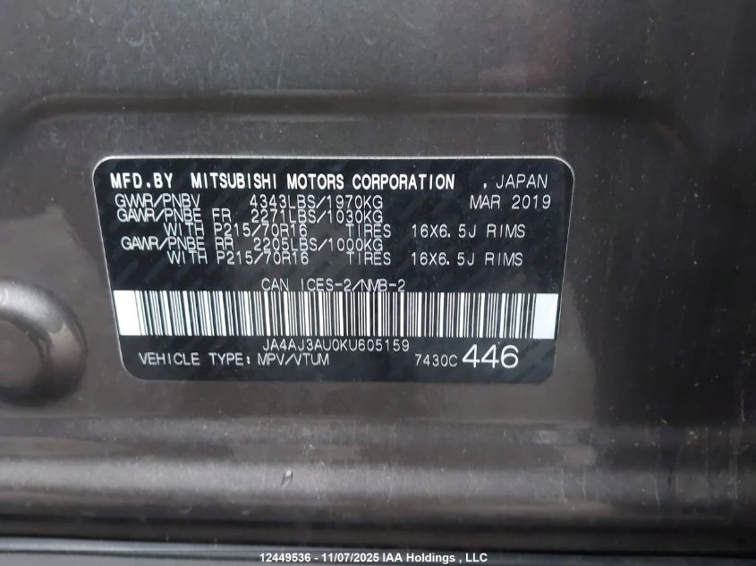 2019 Mitsubishi Rvr Se/Se Black Edition/Se Limited Edition VIN: JA4AJ3AU0KU605159 Lot: 12449536