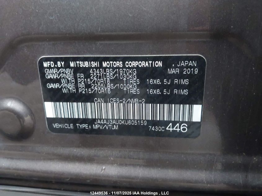 2019 Mitsubishi Rvr Se/Se Black Edition/Se Limited Edition VIN: JA4AJ3AU0KU605159 Lot: 12449536