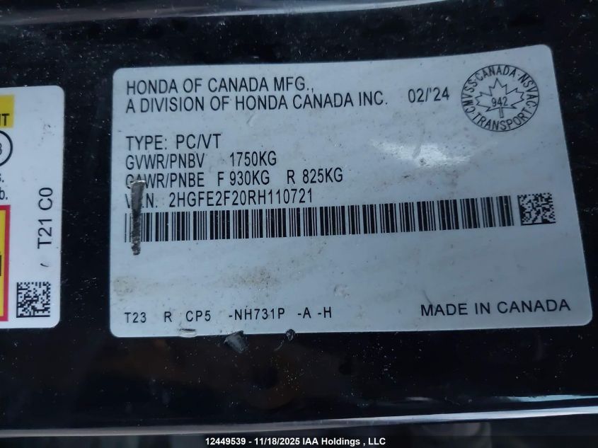 2024 Honda Civic Lx-B VIN: 2HGFE2F20RH110721 Lot: 12449539