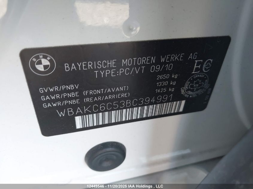 2011 BMW 750I xDrive VIN: WBAKC6C53BC394991 Lot: 12449546