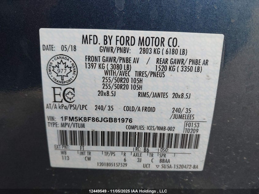 1FM5K8F86JGB81976 2018 FORD EXPLORER photo no. 9