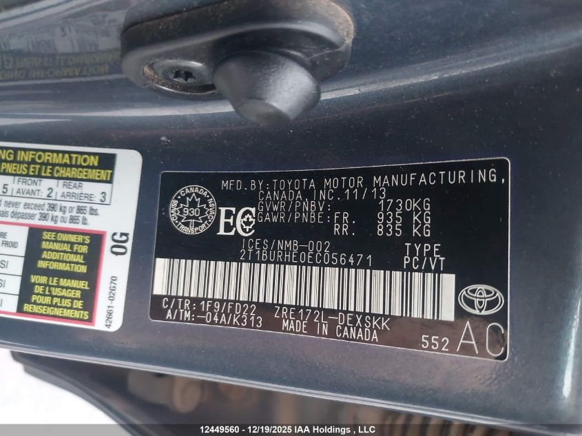 2014 Toyota Corolla S VIN: 2T1BURHE0EC056471 Lot: 12449560