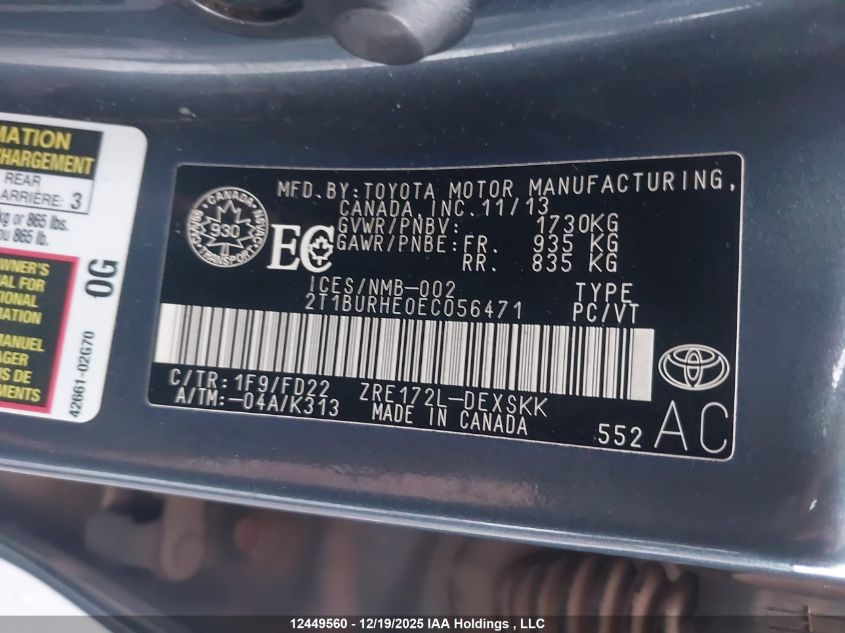 2014 Toyota Corolla S VIN: 2T1BURHE0EC056471 Lot: 12449560