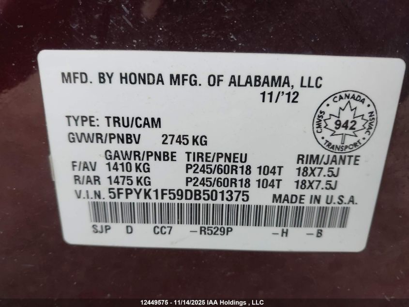 2013 Honda Ridgeline Touring VIN: 5FPYK1F59DB501375 Lot: 12449575