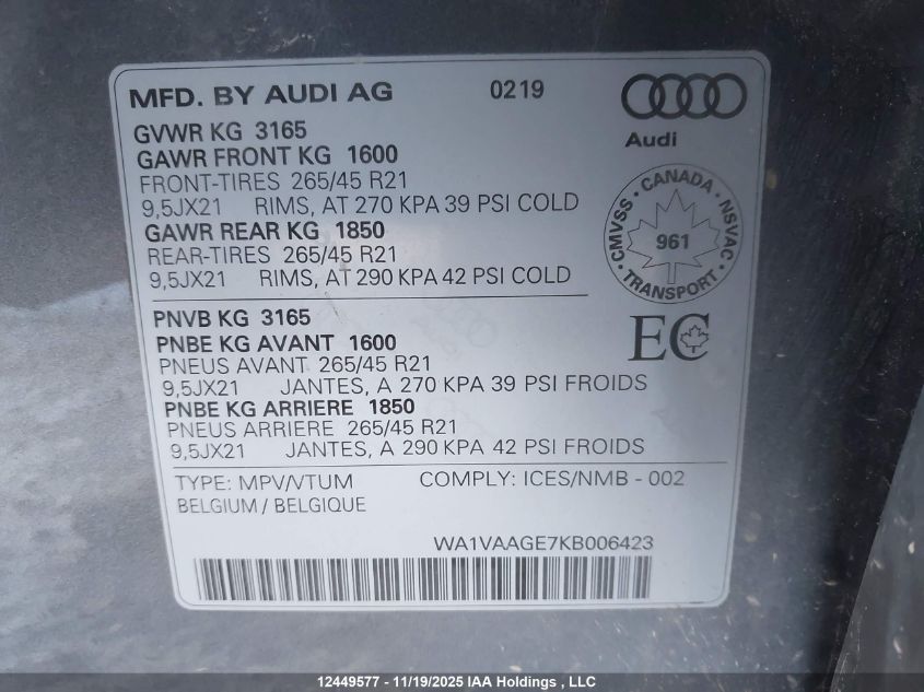 2019 Audi E-Tron Prestige VIN: WA1VAAGE7KB006423 Lot: 12449577