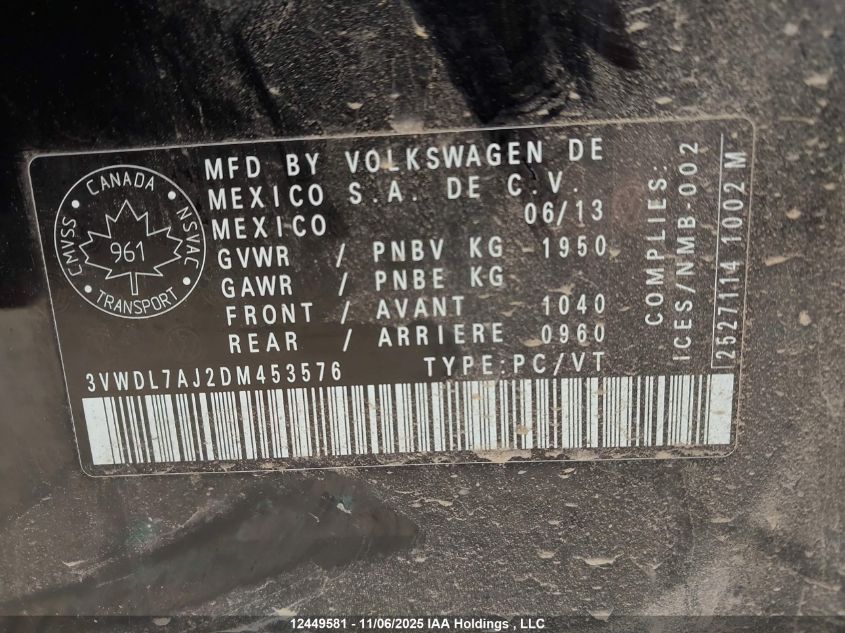 2013 Volkswagen Jetta VIN: 3VWDL7AJ2DM453576 Lot: 12449581