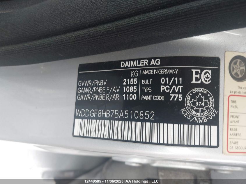 2011 Mercedes-Benz C 350 4Matic VIN: WDDGF8HB7BA510852 Lot: 12449585