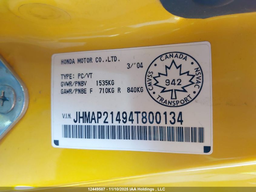 2004 Honda S2000 VIN: JHMAP21494T800134 Lot: 12449587