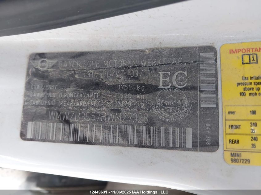 2011 Mini Cooper Countryman VIN: WMWZB3C57BWM29028 Lot: 12449631