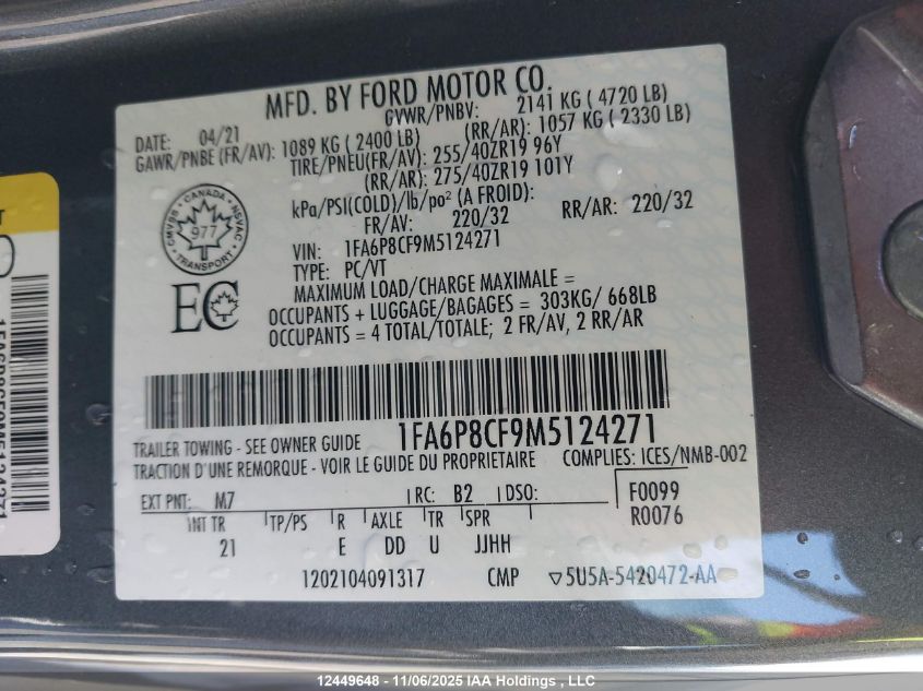 2021 Ford Mustang Gt VIN: 1FA6P8CF9M5124271 Lot: 12449648