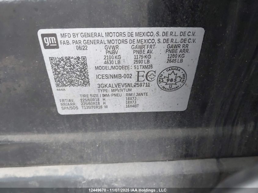 2022 GMC Terrain VIN: 3GKALVEV5NL259711 Lot: 12449670