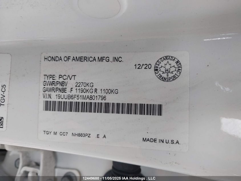 2021 Acura Tlx A-Spec VIN: 19UUB6F51MA801796 Lot: 12449680