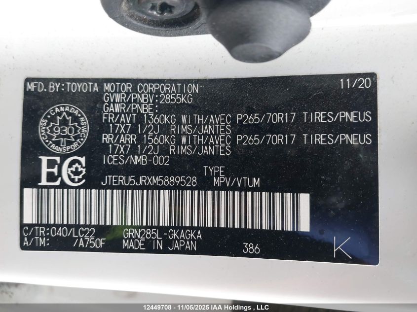 2021 Toyota 4Runner VIN: JTERU5JRXM5889528 Lot: 12449708