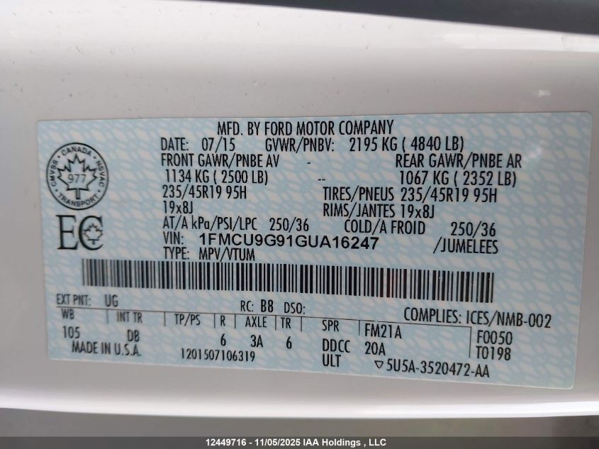 2016 Ford Escape Se VIN: 1FMCU9G91GUA16247 Lot: 12449716