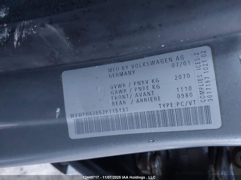 2002 Volkswagen Passat Gls VIN: WVWPH63B52P115131 Lot: 12449717
