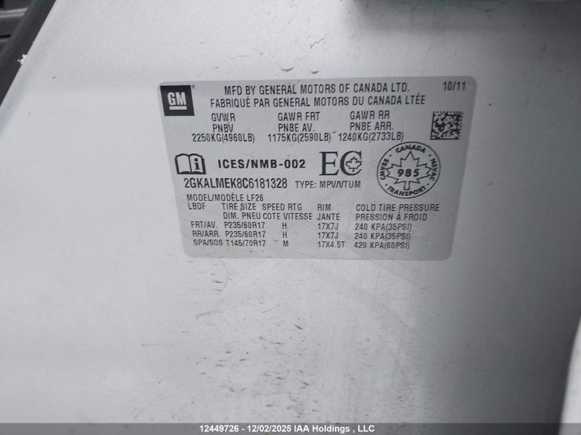 2012 GMC Terrain Sle VIN: 2GKALMEK8C6181328 Lot: 12449726