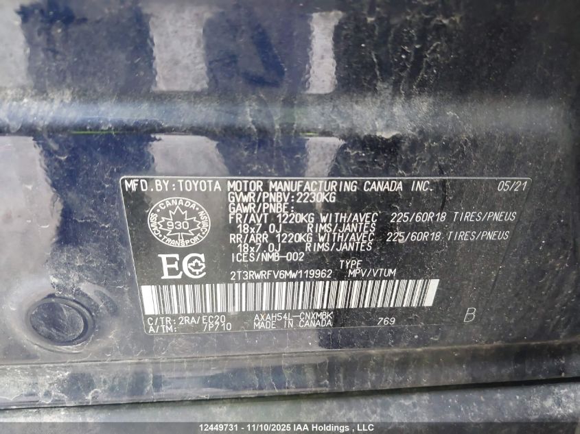 2021 Toyota Rav4 VIN: 2T3RWRFV6MW119962 Lot: 12449731