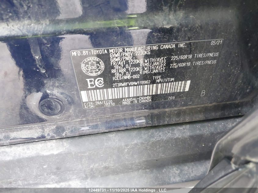 2021 Toyota Rav4 VIN: 2T3RWRFV6MW119962 Lot: 12449731