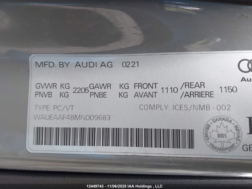 2021 Audi A4 45 Progressiv VIN: WAUEAAF48MN009683 Lot: 12449743