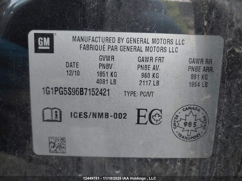 1G1PG5S96B7152421 2011 CHEVROLET CRUZE photo no. 9